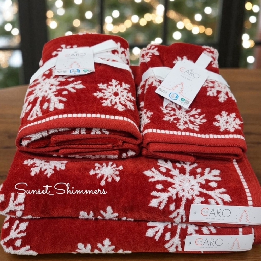 6pc Christmas SNOWFLAKE Red White BATH Hand TIP TOWEL Set Caro Home Holiday New